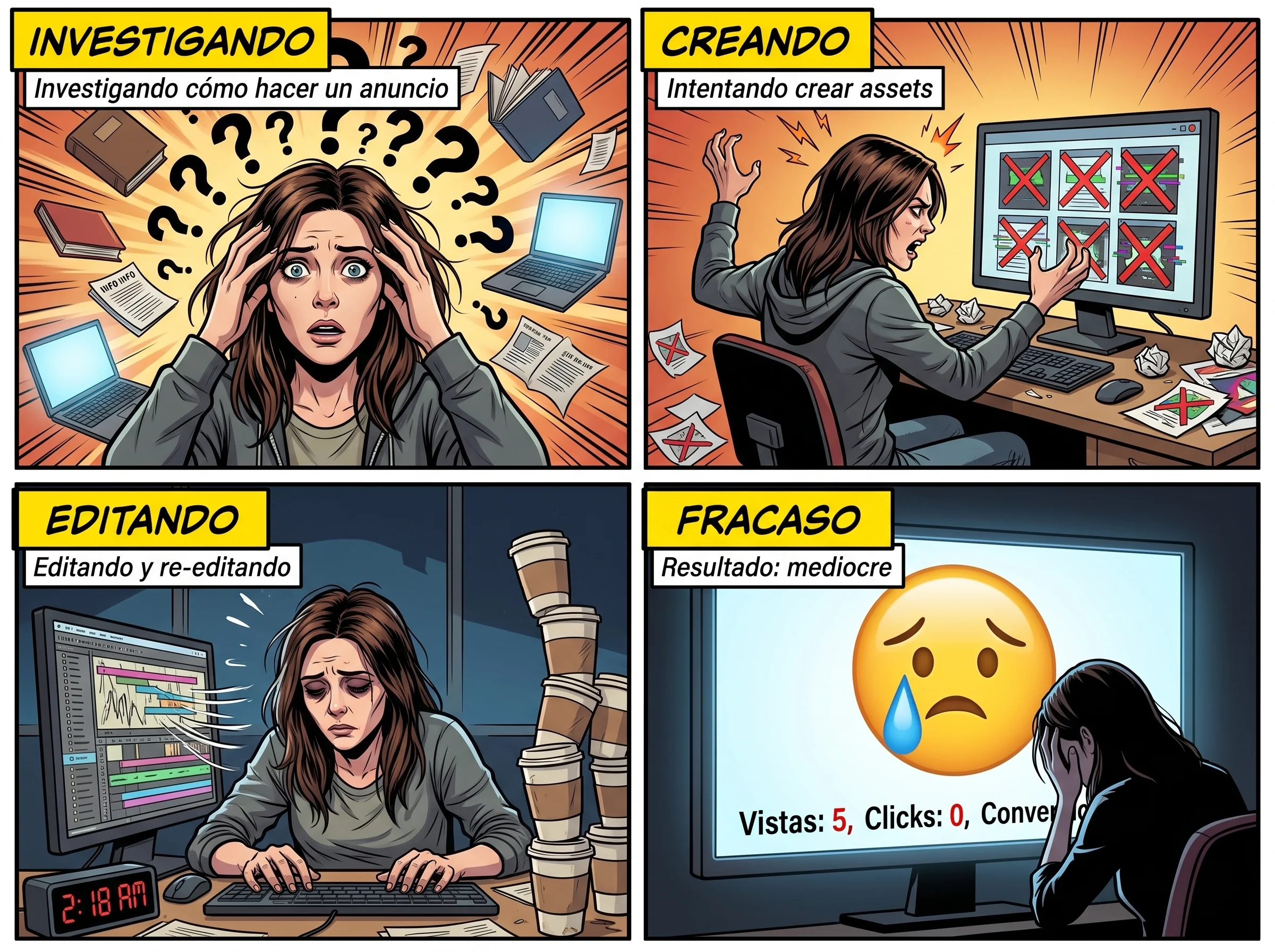 Cuatro viñetas del camino de siempre: investigando cómo se hace un anuncio, peleando por crear las piezas, editando de madrugada, y un resultado mediocre que nadie ve.